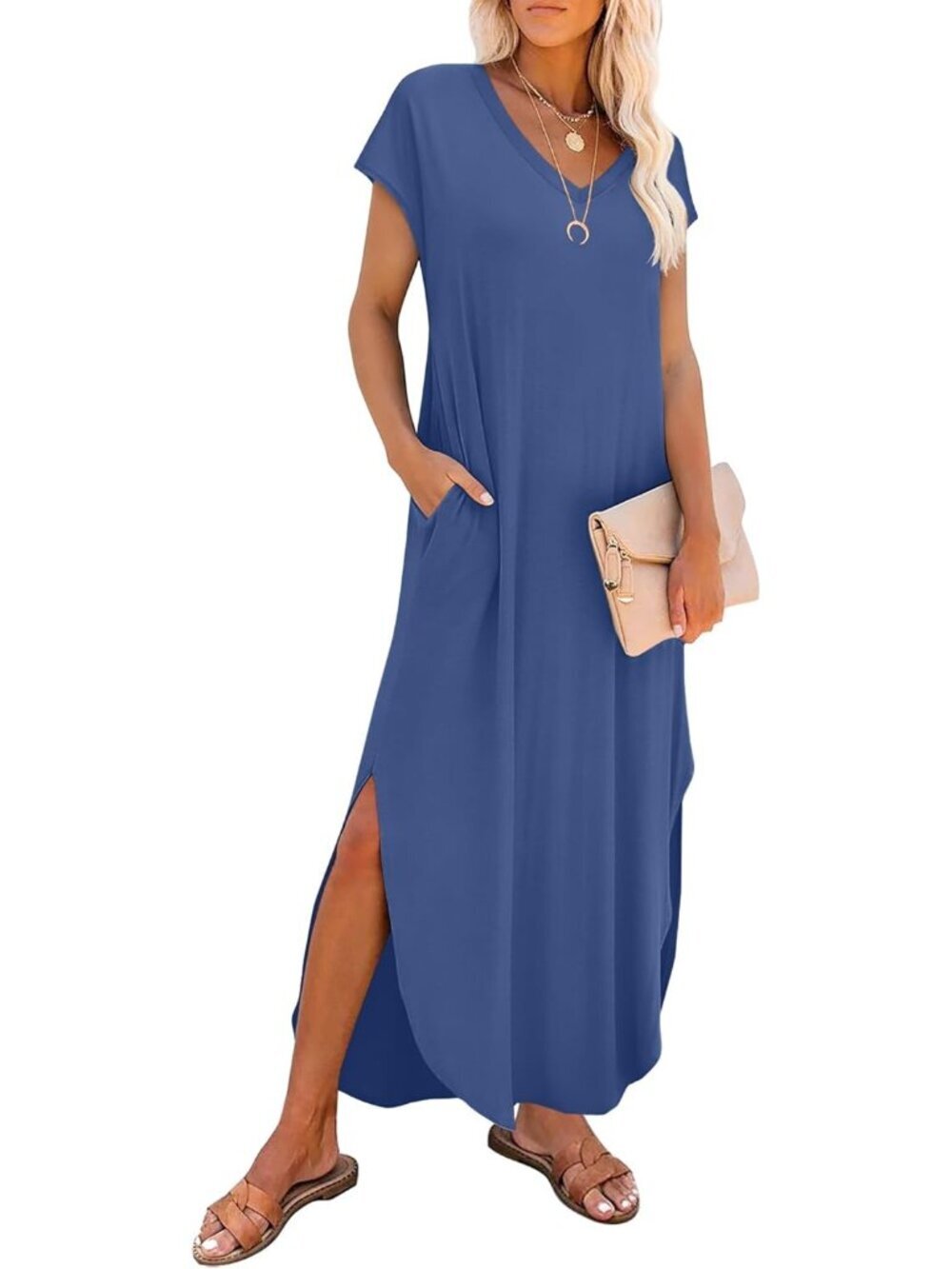 Women Dusty blue V Neck Cap Sleeve Long With Pockets Pull On Casual Maxi Dresses